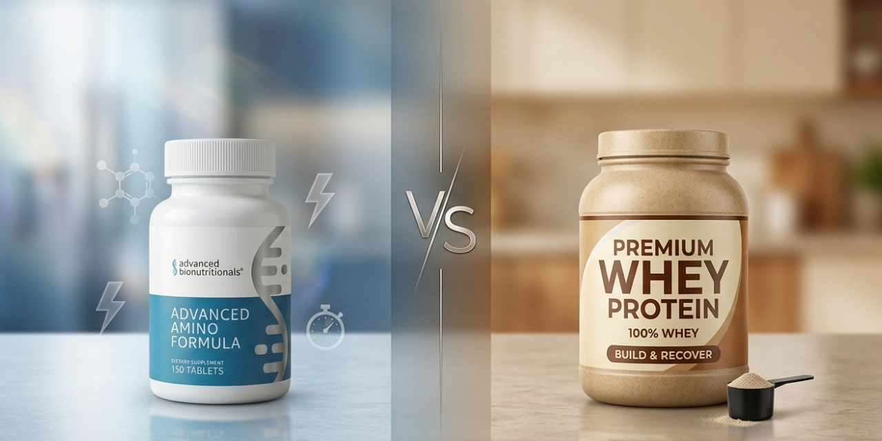 Advanced Amino Formula bottle next to whey protein powder with muscle-building comparison chart