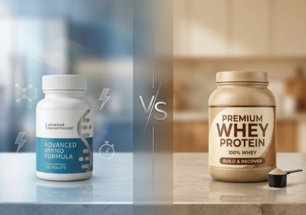 Advanced Amino Formula bottle next to whey protein powder with muscle-building comparison chart