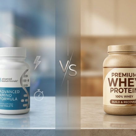 Advanced Amino Formula bottle next to whey protein powder with muscle-building comparison chart