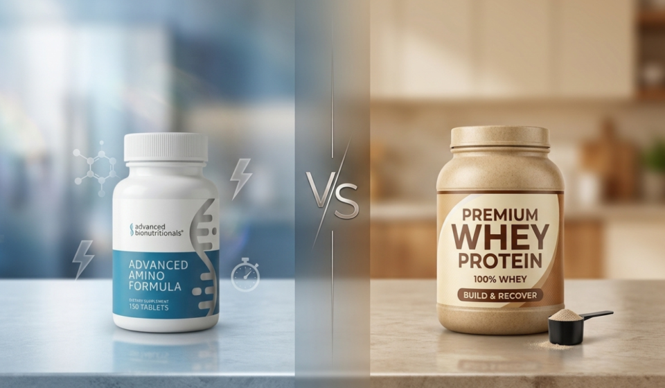 Advanced Amino Formula bottle next to whey protein powder with muscle-building comparison chart