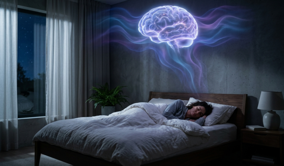 Sleep hacking brain reset visualization - neuroscience method for falling asleep fast.
